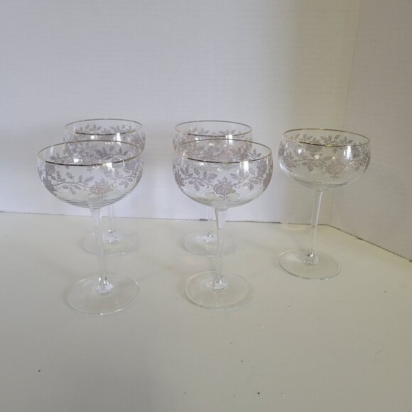 American Cut Rose Set Of 5 Vintage Etched Glass Champagne Coupes With Gold Trim - Picture 1 of 4